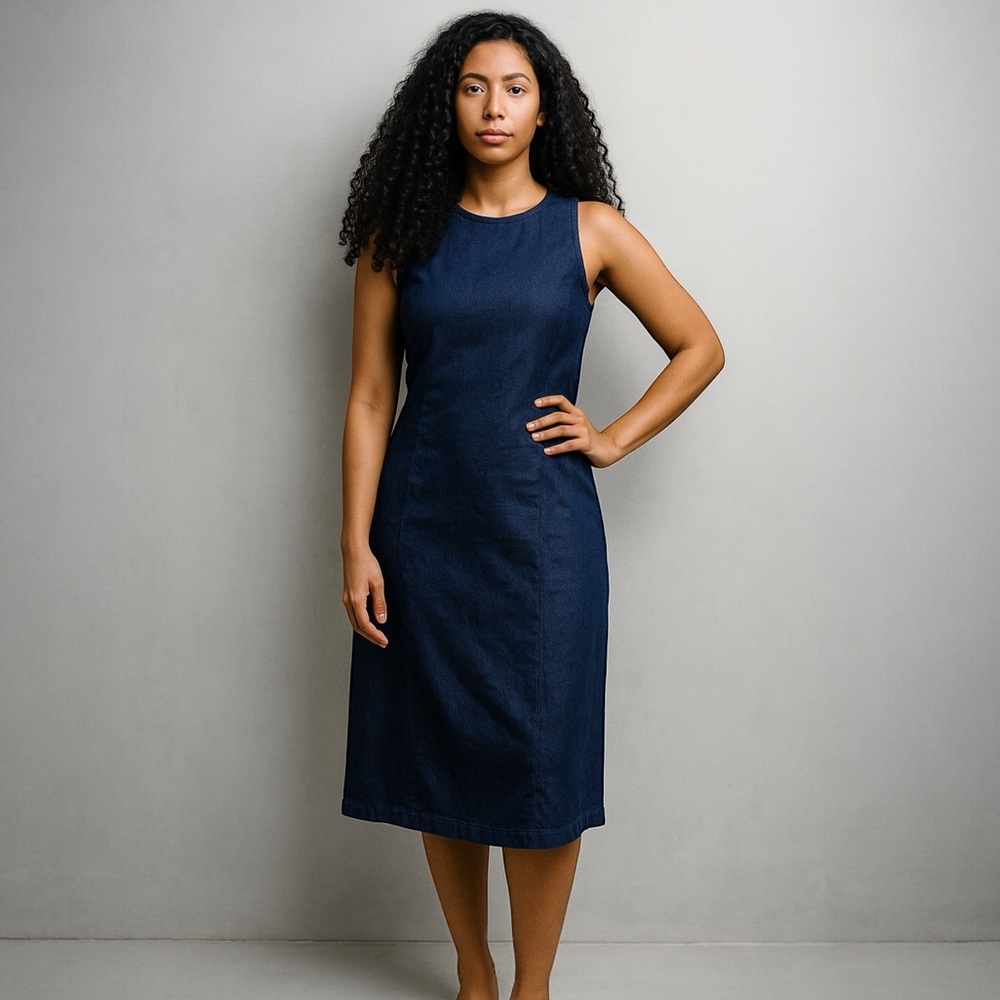Vintage 111 State Stretch Blue Denim Sleeveless Midi Sheath Dress Size 6‎